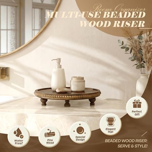 Beaded Acacia Wood Round Display Riser for Boho Kitchen Decor, Brown in Acacia, alternate view 5