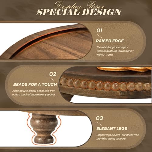Beaded Acacia Wood Round Display Riser for Boho Kitchen Decor, Brown in Acacia, alternate view 6