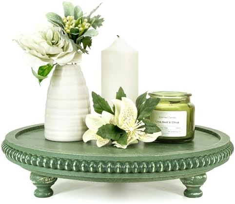 Beaded Round Display Riser for Farmhouse Home Decor, Green in 11.2"× 11.2"× 2.4" in Green