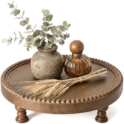 Beaded Wood Riser: Round Display Stand for Farmhouse Decor, Brown in Brown