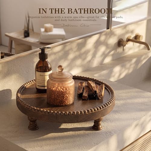 Beaded Wood Riser: Round Display Stand for Farmhouse Decor, Brown in Brown, alternate view 2