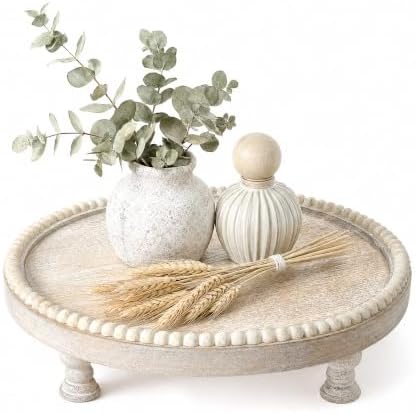 Beaded Wood Riser: Round Display Stand for Home Decor, Light Natural in Light Natural