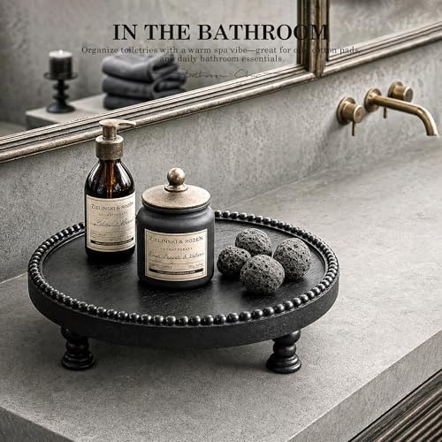 Beaded Wood Riser: Round Display Stand for Modern Home Decor, Black in Black, alternate view 4