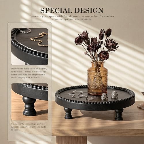 Beaded Wood Riser: Round Display Stand for Modern Home Decor, Black in Black, alternate view 6