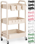 Beige 3 Tier Rolling Storage Cart Metal on Wheels, Cream Diaper Caddy Carts