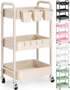 Beige 3 Tier Rolling Storage Cart Metal on Wheels, Cream Diaper Caddy Carts