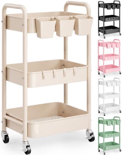Beige 3 Tier Rolling Storage Cart Metal on Wheels, Cream Diaper Caddy Carts
