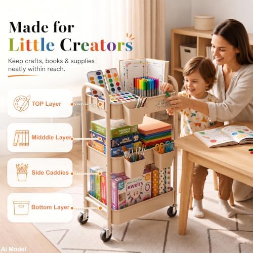 Beige 3 Tier Rolling Storage Cart Metal on Wheels, Cream Diaper Caddy Carts, alternate view 4