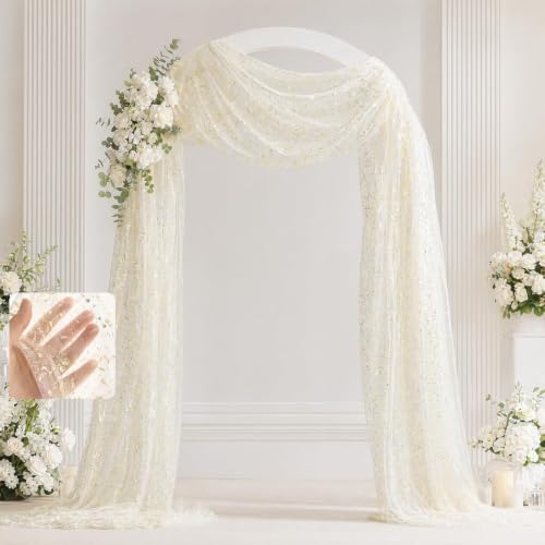 Beige Wedding Arch Draping Fabric 1 Panel 28" x 20FT, Glitter Sheer Backdrop Drapes for Wedding Ceremony