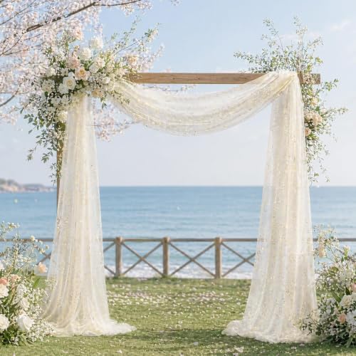 Beige Wedding Arch Draping Fabric 1 Panel 28" x 20FT, Glitter Sheer Backdrop Drapes for Wedding Ceremony, alternate view 2