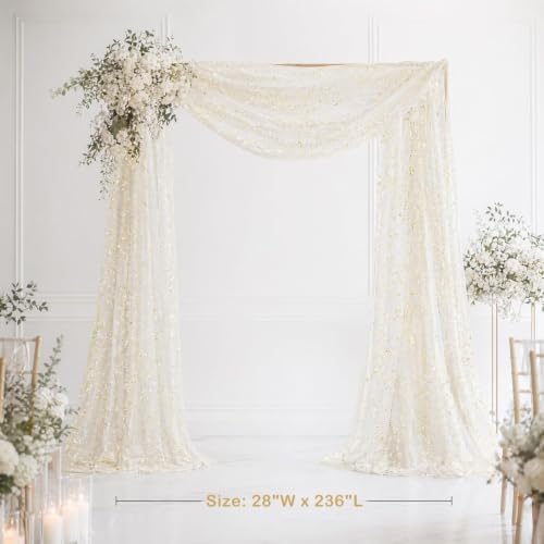 Beige Wedding Arch Draping Fabric 1 Panel 28" x 20FT, Glitter Sheer Backdrop Drapes for Wedding Ceremony, alternate view 3