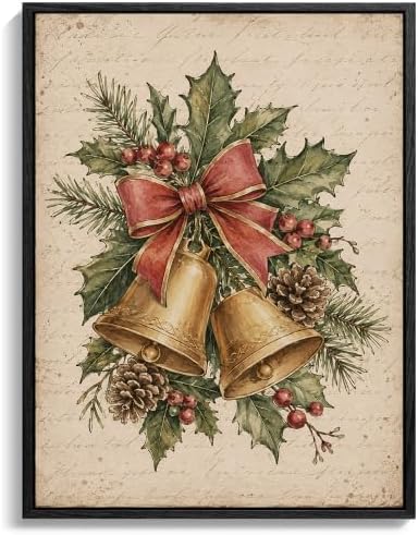 Bells Framed Christmas Wall Art, Holly Pinecone Red Bow Canvas Pictures