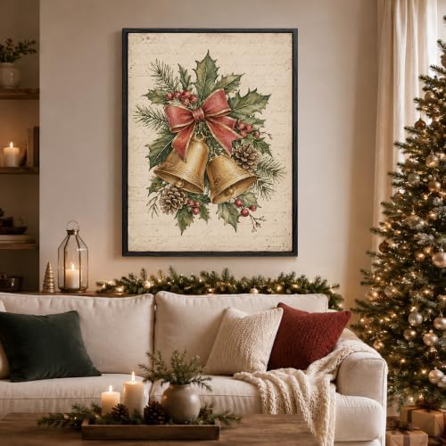 Bells Framed Christmas Wall Art, Holly Pinecone Red Bow Canvas Pictures, alternate view 2