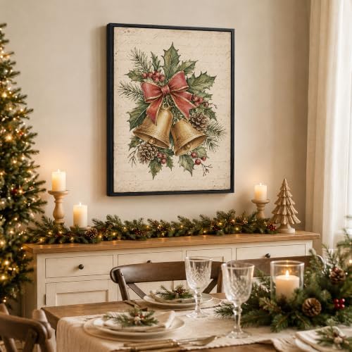 Bells Framed Christmas Wall Art, Holly Pinecone Red Bow Canvas Pictures, alternate view 4