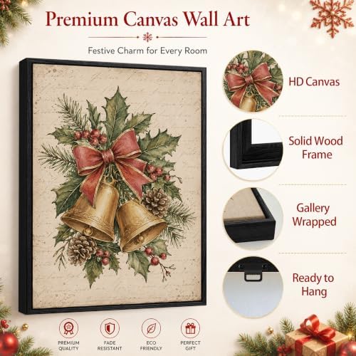 Bells Framed Christmas Wall Art, Holly Pinecone Red Bow Canvas Pictures, alternate view 5