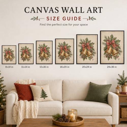 Bells Framed Christmas Wall Art, Holly Pinecone Red Bow Canvas Pictures, alternate view 6