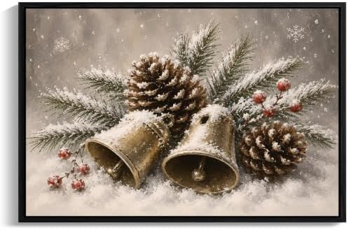 Bells Framed Christmas Wall Art, Snow‐Covered Golden Bells Canvas Pictures