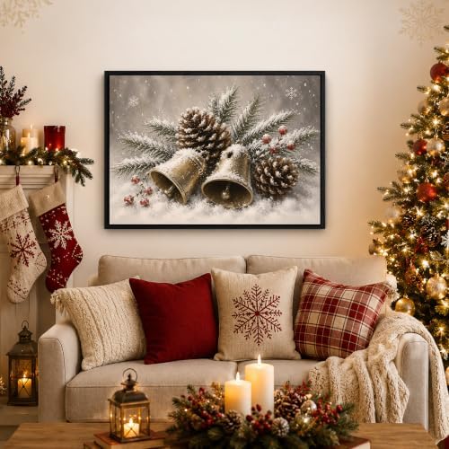 Bells Framed Christmas Wall Art, Snow‐Covered Golden Bells Canvas Pictures, alternate view 2