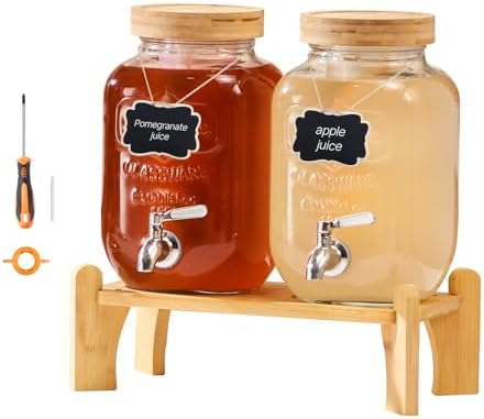Beverage Dispenser, 2 Pack 1 Gallon Drink Dispensers for Parties, Glass Juice Dispenser with Wood Stand