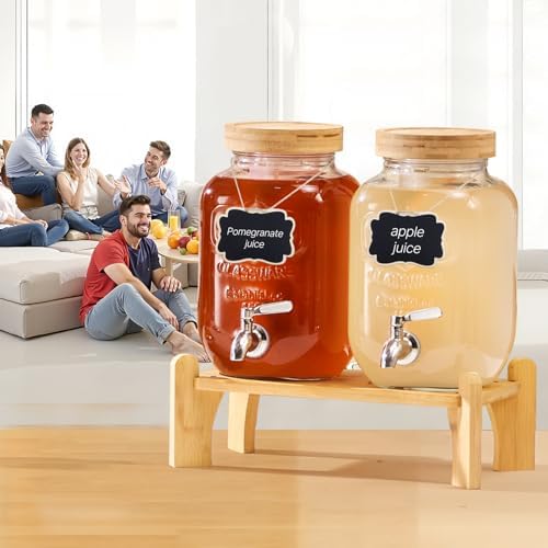Beverage Dispenser, 2 Pack 1 Gallon Drink Dispensers for Parties, Glass Juice Dispenser with Wood Stand, alternate view 2