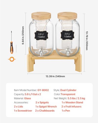 Beverage Dispenser, 2 Pack 1 Gallon Drink Dispensers for Parties, Glass Juice Dispenser with Wood Stand, alternate view 3