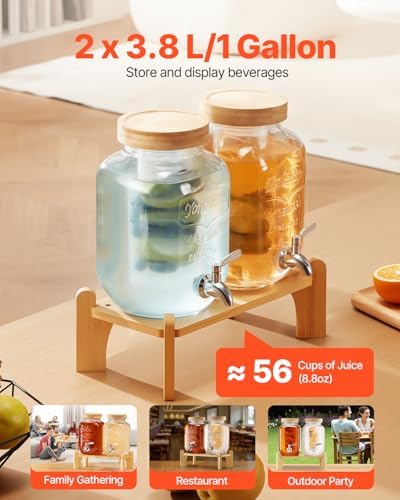 Beverage Dispenser, 2 Pack 1 Gallon Drink Dispensers for Parties, Glass Juice Dispenser with Wood Stand, alternate view 4