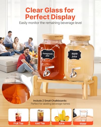 Beverage Dispenser, 2 Pack 1 Gallon Drink Dispensers for Parties, Glass Juice Dispenser with Wood Stand, alternate view 6