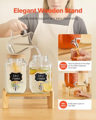 Beverage Dispenser, 2 Pack 1 Gallon Drink Dispensers for Parties, Glass Juice Dispenser with Wood Stand, alternate view 7
