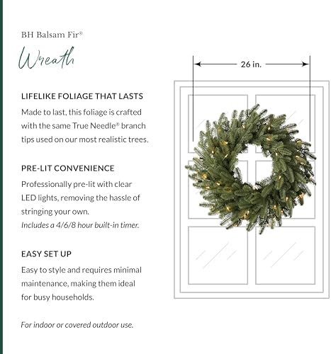 BH Balsam Fir Christmas Wreath - Premium True Needle Front Door Wreath with LED Clear Lights Available in 26", alternate view