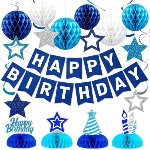 Birthday Decorations - Happy Birthday Banner Star Honeycomb Party Decor Set in Blue