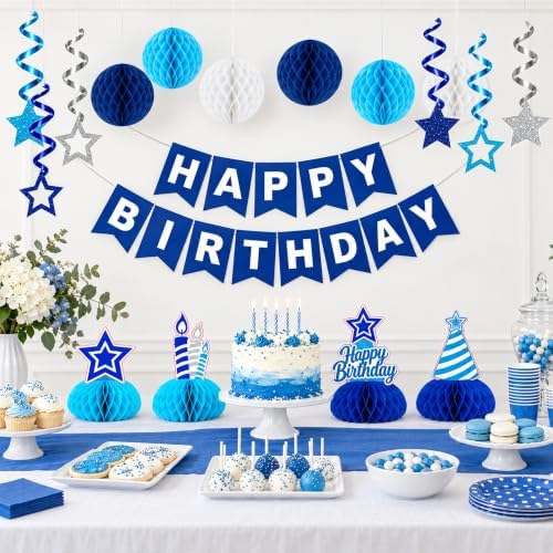 Birthday Decorations - Happy Birthday Banner Star Honeycomb Party Decor Set in Blue, alternate view 2