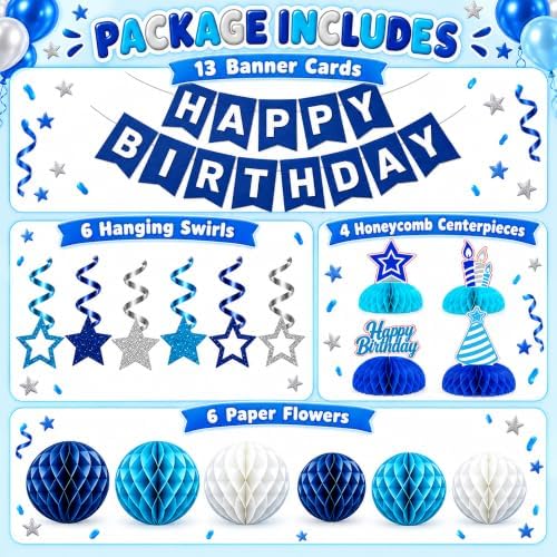 Birthday Decorations - Happy Birthday Banner Star Honeycomb Party Decor Set in Blue, alternate view 4