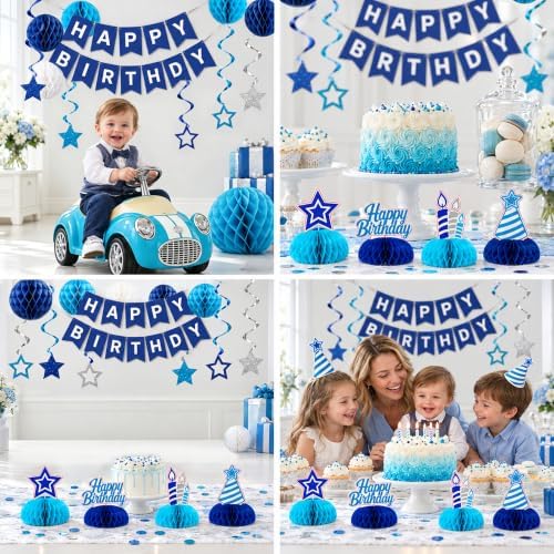 Birthday Decorations - Happy Birthday Banner Star Honeycomb Party Decor Set in Blue, alternate view 6