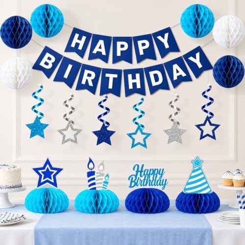 Birthday Decorations - Happy Birthday Banner Star Honeycomb Party Decor Set in Blue, alternate view 7