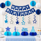Birthday Decorations - Happy Birthday Banner Star Honeycomb Party Decor Set in Blue, alternate view 7