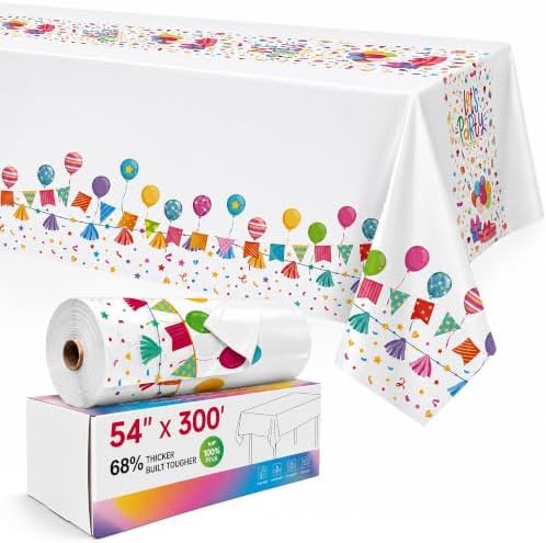 Birthday Party Table Cloth Disposable, 54In X 300Ft Table Cover Roll in 54" x 3600" (Rectangular) in Party