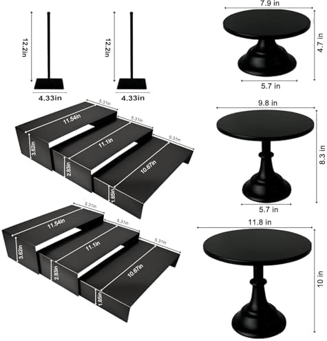 Black 11Pcs Metal Dessert Display Set Round Cake Stand Riser Platter in Black, alternate view 2