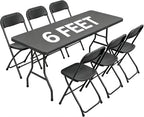 Black 6FT Folding Table with 6 Plastic Folding Chairs for Outside