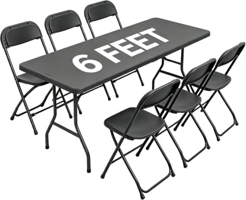 Black 6FT Folding Table with 6 Plastic Folding Chairs for Outside