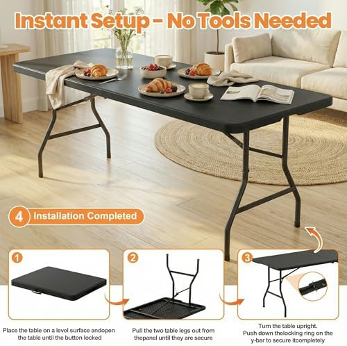 Black 6FT Folding Table with 6 Plastic Folding Chairs for Outside, alternate view 5