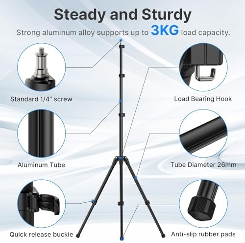Black Aluminum Light Stand, 6.32ft Extendable Tripod for Strobe Lights, Webcams, Cameras & Softboxes, alternate view 3
