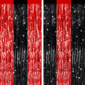Black and Red Metallic Fringe Curtains 2 Pack, Tinsel Backdrop for Parties
