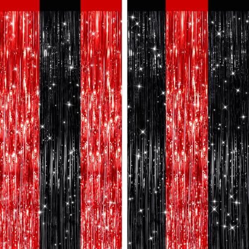 Black and Red Metallic Fringe Curtains 2 Pack, Tinsel Backdrop for Parties