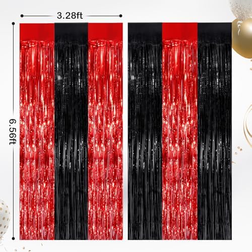 Black and Red Metallic Fringe Curtains 2 Pack, Tinsel Backdrop for Parties, alternate view 2