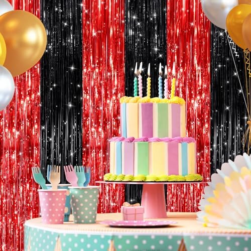 Black and Red Metallic Fringe Curtains 2 Pack, Tinsel Backdrop for Parties, alternate view 4