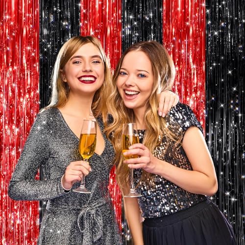 Black and Red Metallic Fringe Curtains 2 Pack, Tinsel Backdrop for Parties, alternate view 6