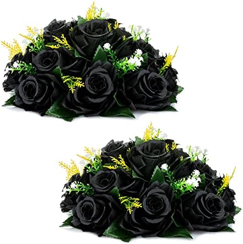 Black Artificial Flowers, Fake Rose Bouquet Arrangement, 2 Pcs in Black