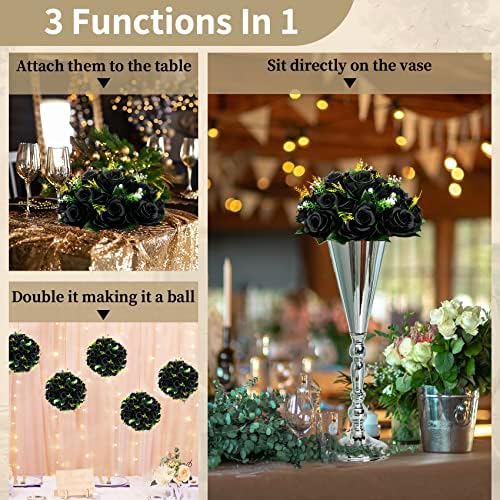 Black Artificial Flowers, Fake Rose Bouquet Arrangement, 2 Pcs in Black, alternate view 5