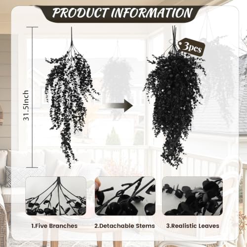 Black Artificial Hanging Gothic Plant 31.5" Fake Fall Greenery Vine, alternate view 3