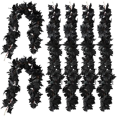 Black Artificial Maple Leaf Garland - 6PCS 5.6Ft Halloween Decor, Gothic Fall Vines for Front Porch